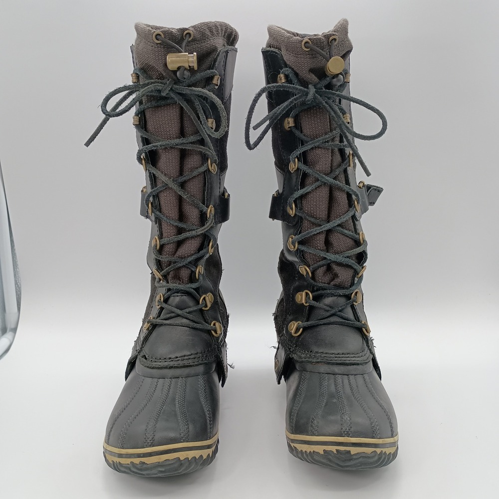 Sorel Conquest Carly Black Leather Rubber Tall Boots Womens 6.5 Rain Winter - Picture 2 of 14